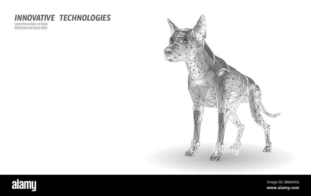 Robotic dog stands futuristic. Glowing blue lights shine bright. Technology pet security AI robotics concept. Low poly art geometric design white Stock Vector