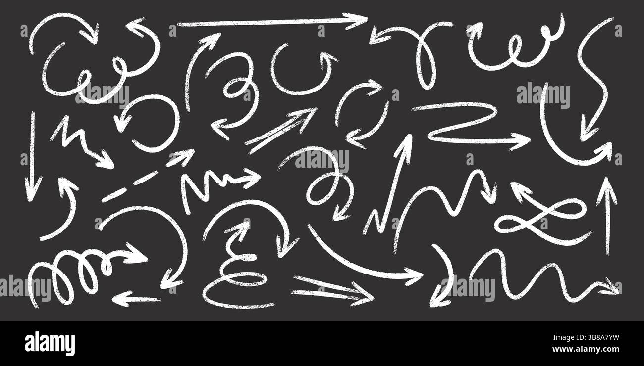 Chalk crayon arrows collection - hand sketched white doodle swirls, curved lines, pointers on blackboard. Stock Vector