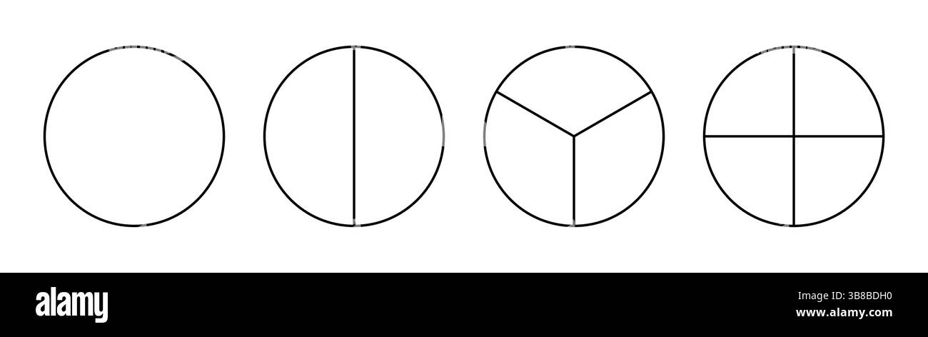 Divided circle in one, two, three, four segments. Pie, pizza round shape cut in 1,2,3,4 equal slices. Outline style. Black minimalist line chart. Stock Vector