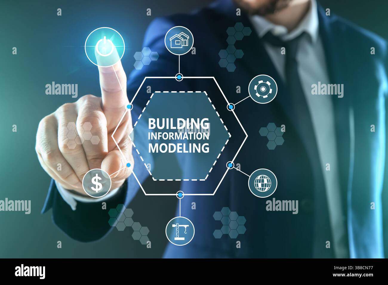 Building information modeling. Man using virtual screen with different icons, closeup Stock Photo