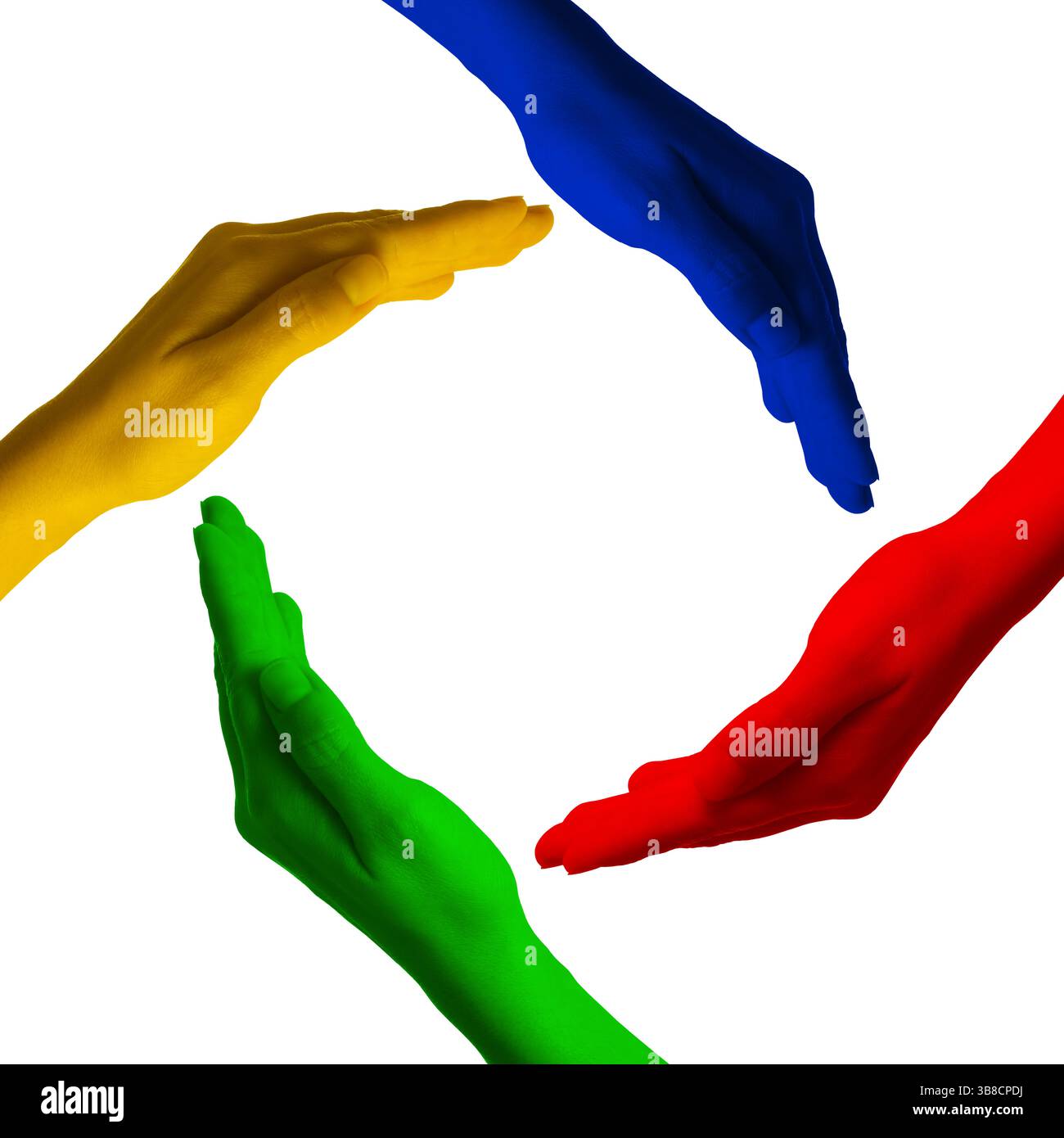 Making circle of human hands painted in different colors on white ...