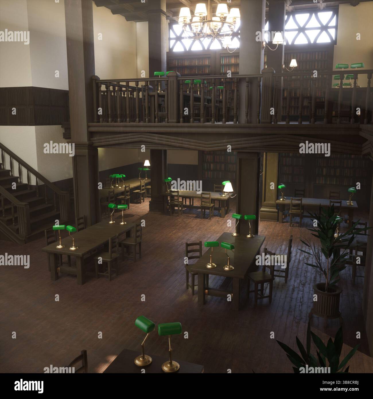Traditional academic library with reading desks, green lamps and ...