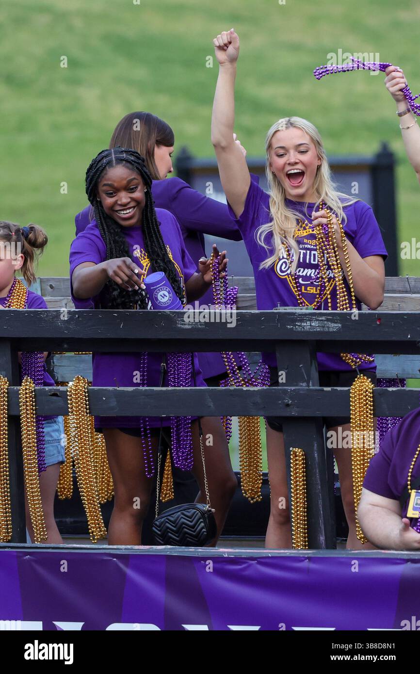 April 24, 2024: LSU's Olivia Dunne and teammate Kiya Johnson wave to ...