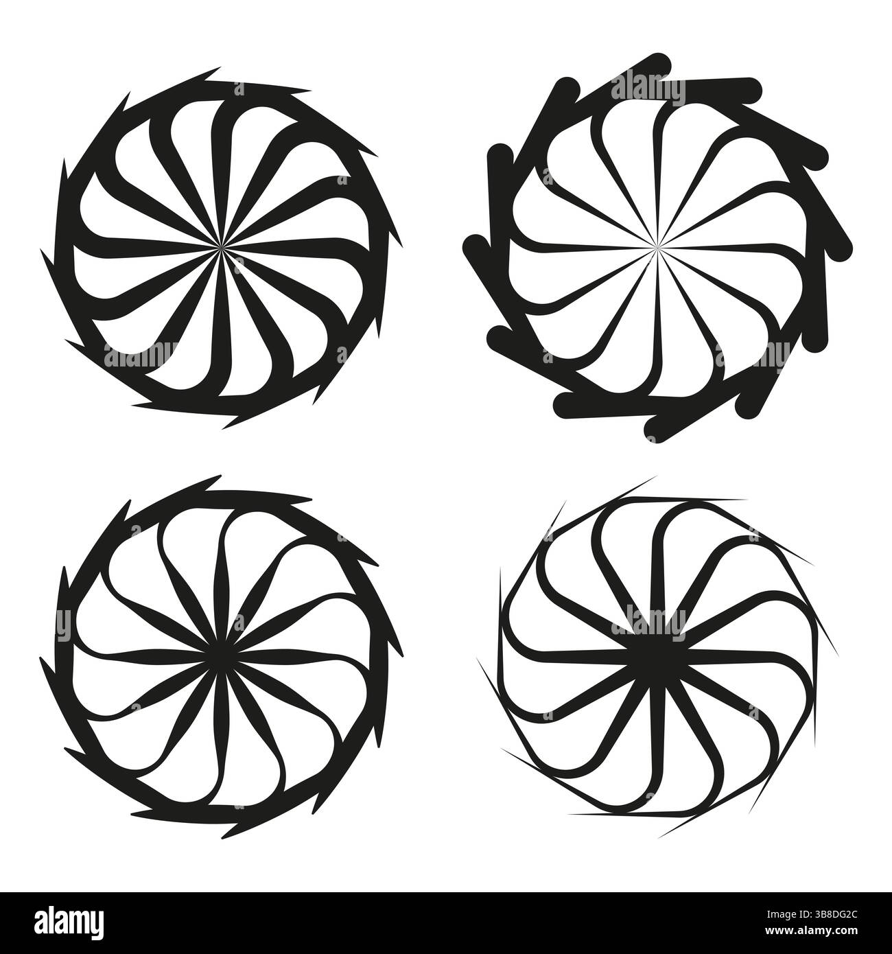Rotating swirl elements. Black abstract spirals. Dynamic circular shapes. Vector motion icons. Stock Vector