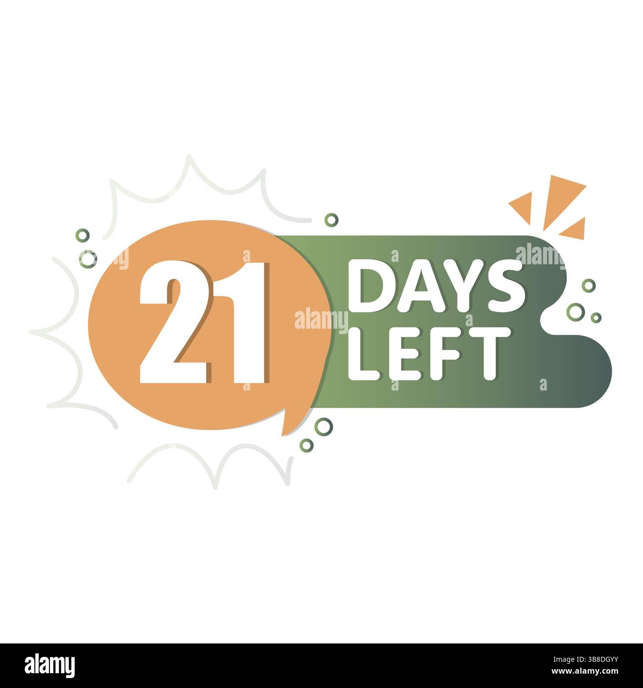 21 days countdown. Rounded speech bubble. Orange green contrast. Vector reminder label. Stock Vector