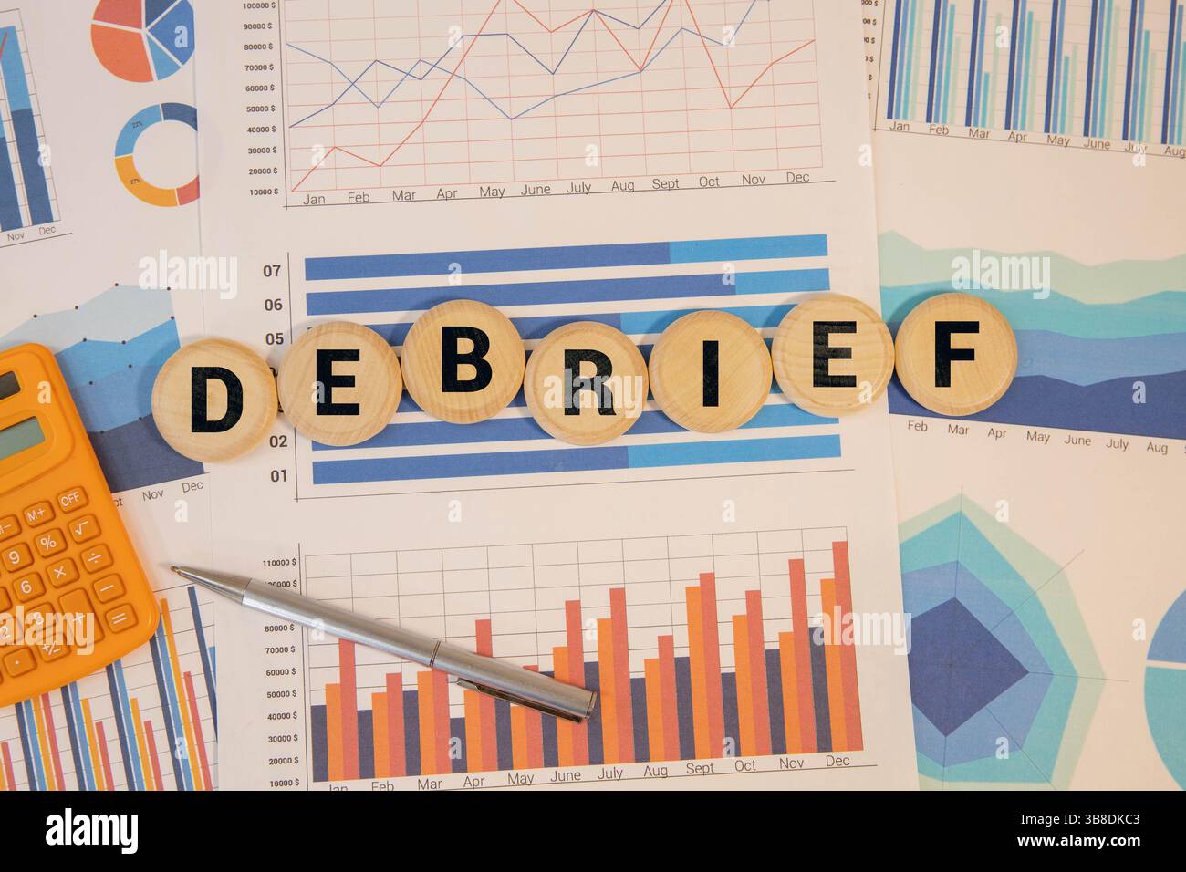Debrief - word concept on building blocks, text, letters. Stock Photo