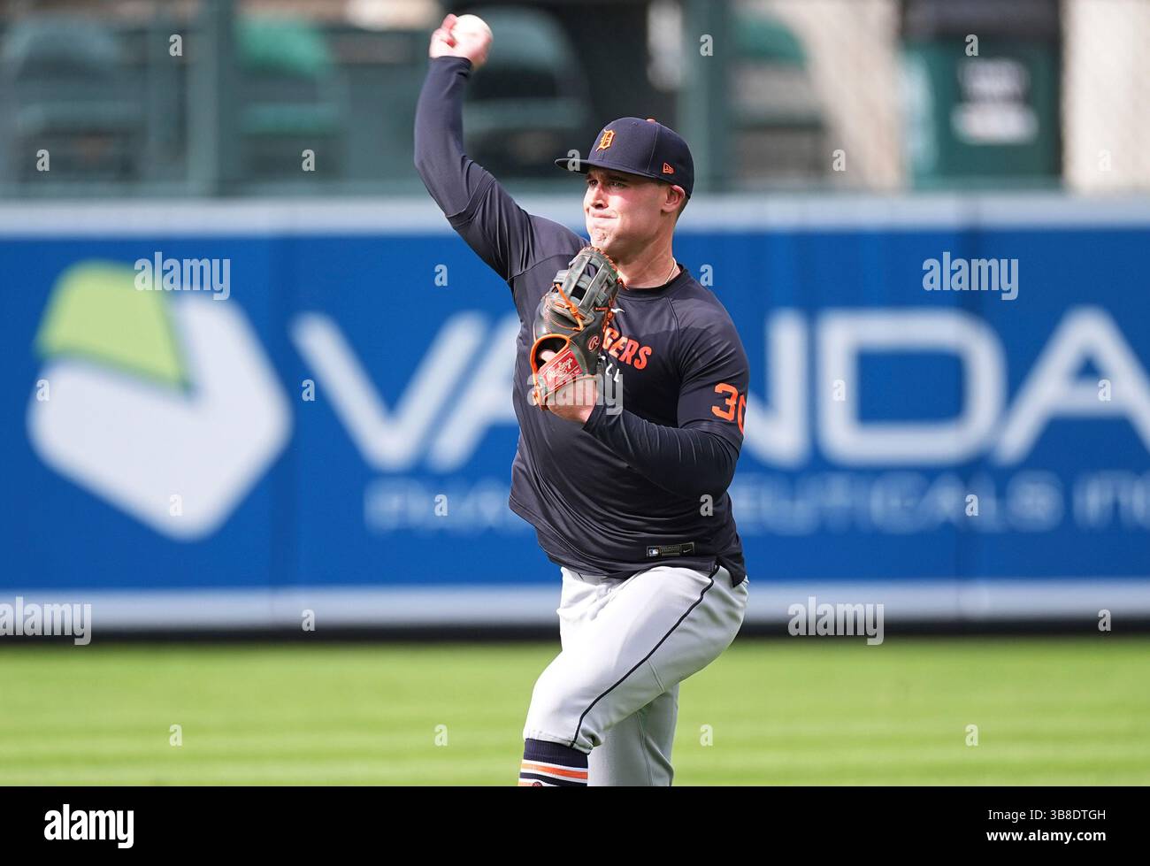 Detroit Tigers right fielder Kerry Carpenter warms up before a baseball ...