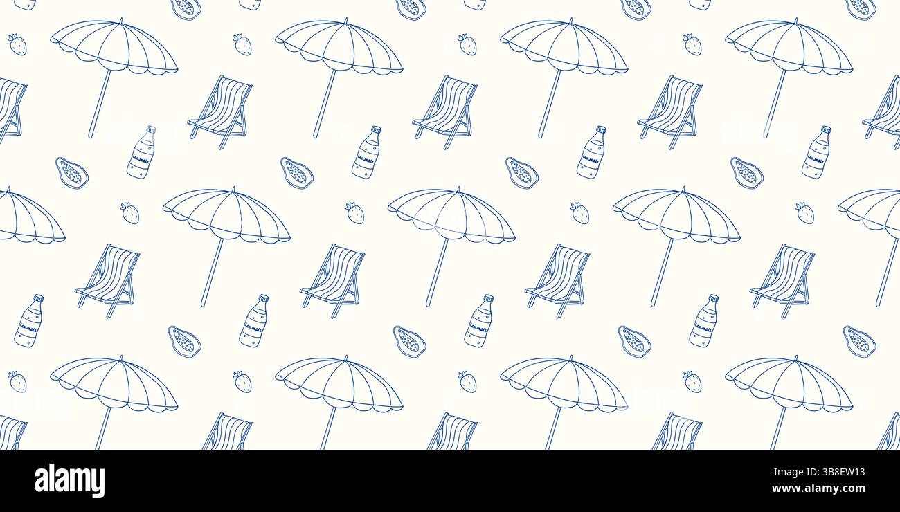 Summer beach pattern featuring chairs, umbrellas, and refreshing drinks in a light color scheme Stock Vector