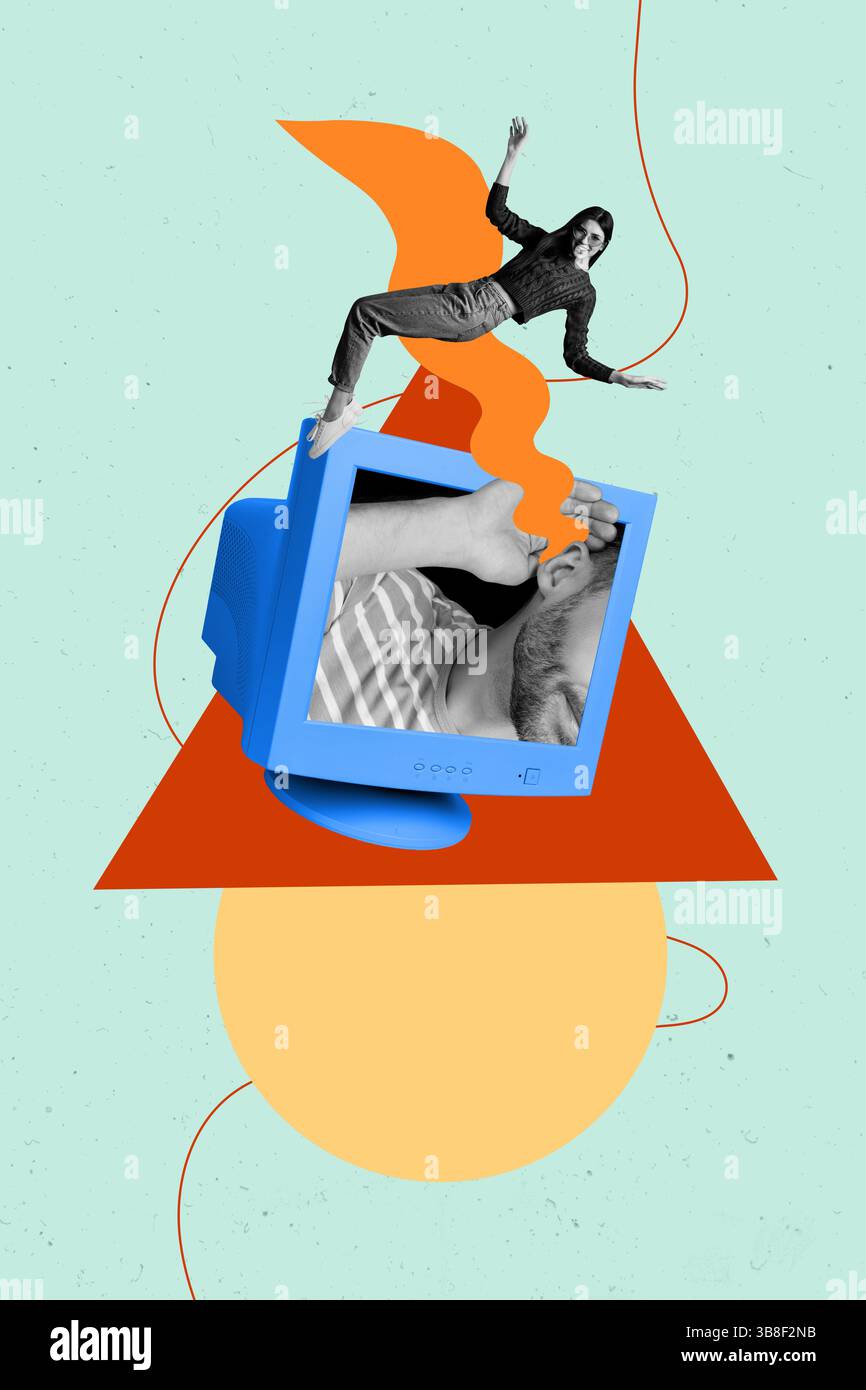 Poster banner collage of small person stand big monitor with human listen info on teal background Stock Photo