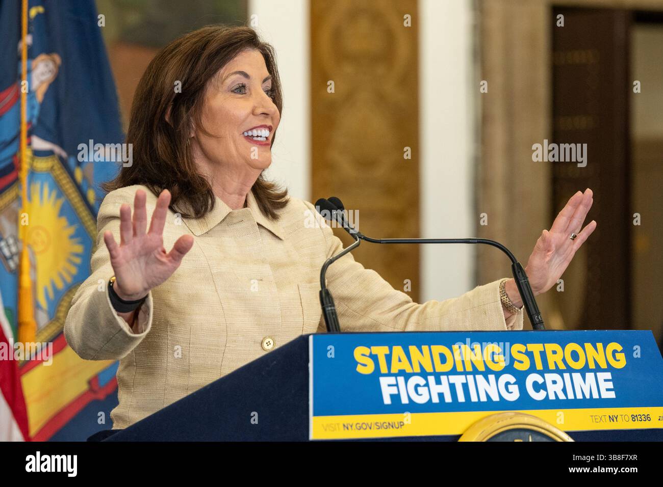 Image showcasing New York, USA. 07th May, 2025. Governor Kathy Hochul speaks as she ...