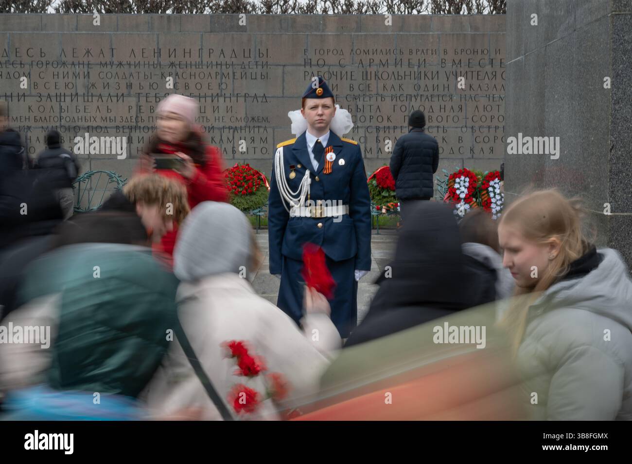 A cadet stands in an honor guard by the “Motherland” monument at the ...