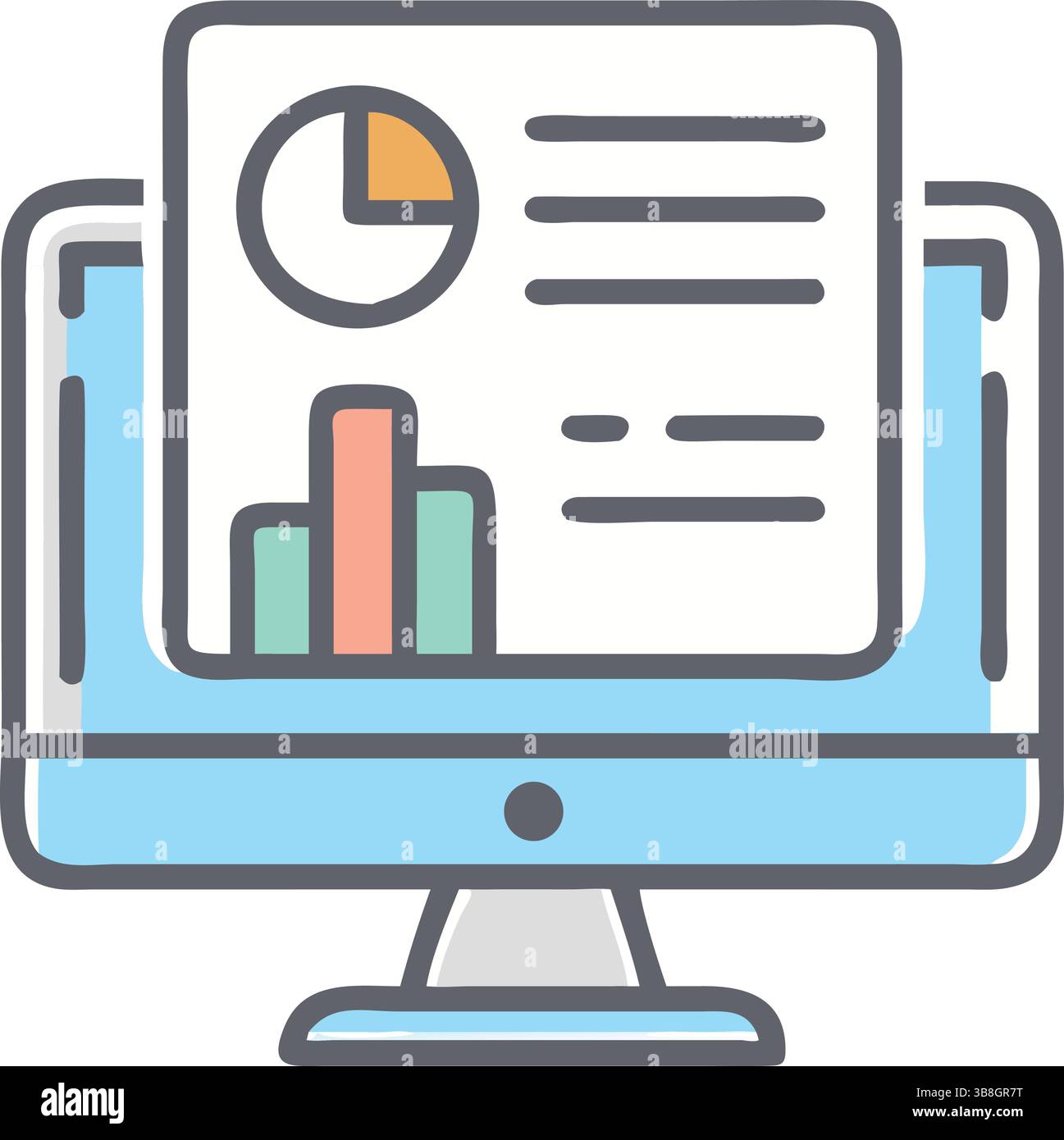 Digital Illustration of Computer Monitor Displaying Data Visualization with Pie Chart, Bar Graph, and Text Stock Vector