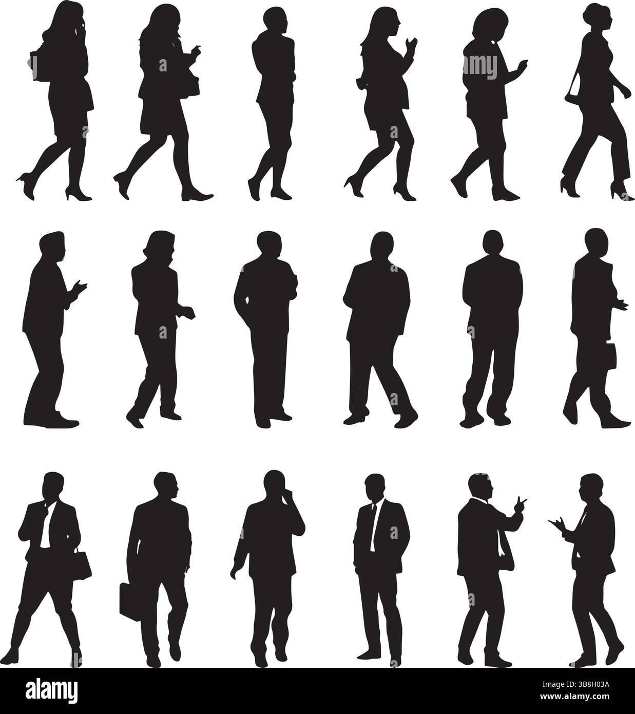 People Silhouettes Collection – Black and White Vector Set of Diverse Human Poses in Social and Professional Settings Stock Vector
