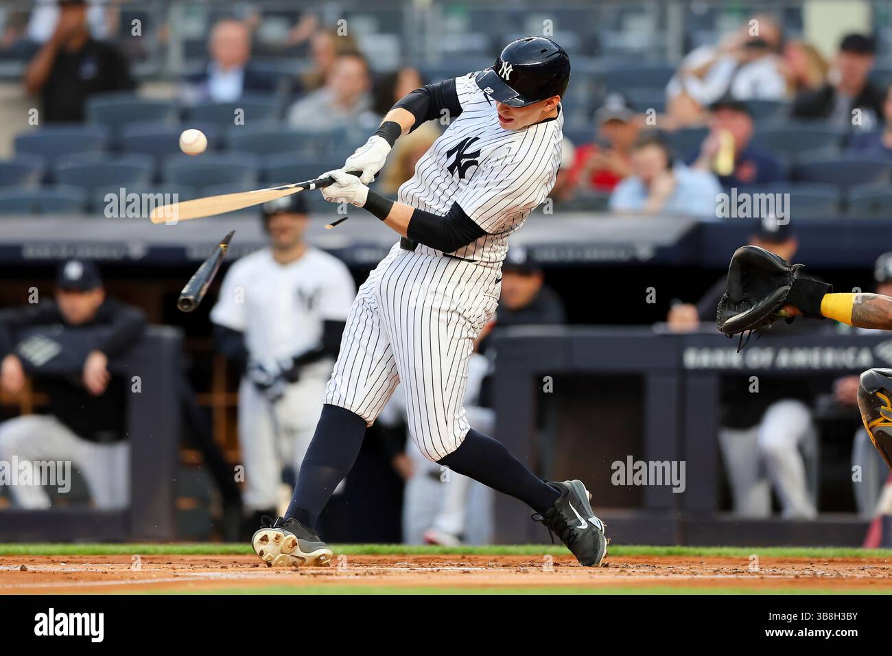 BRONX, NY - MAY 07: Ben Rice #22 of the New York Yankees breaks his bat ...