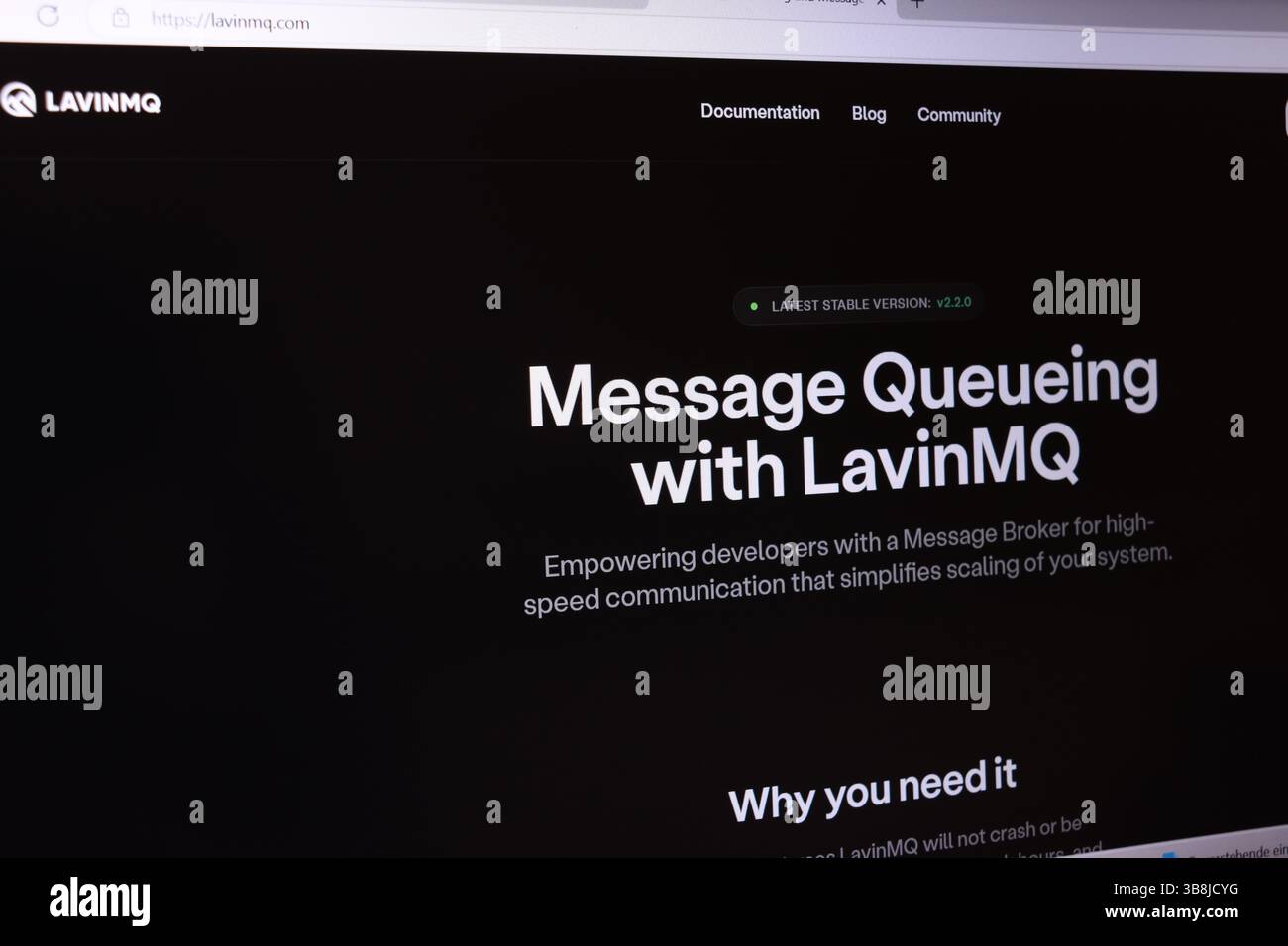 Lavinmq message queuing documentation on computer screen. Stock Photo