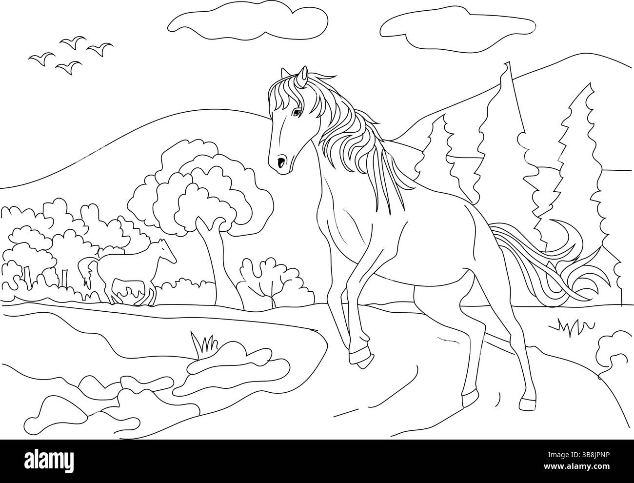 Simple outline drawing of a majestic horse running freely in a natural landscape field with trees, hills, and birds. Another horse is visible in the b Stock Vector