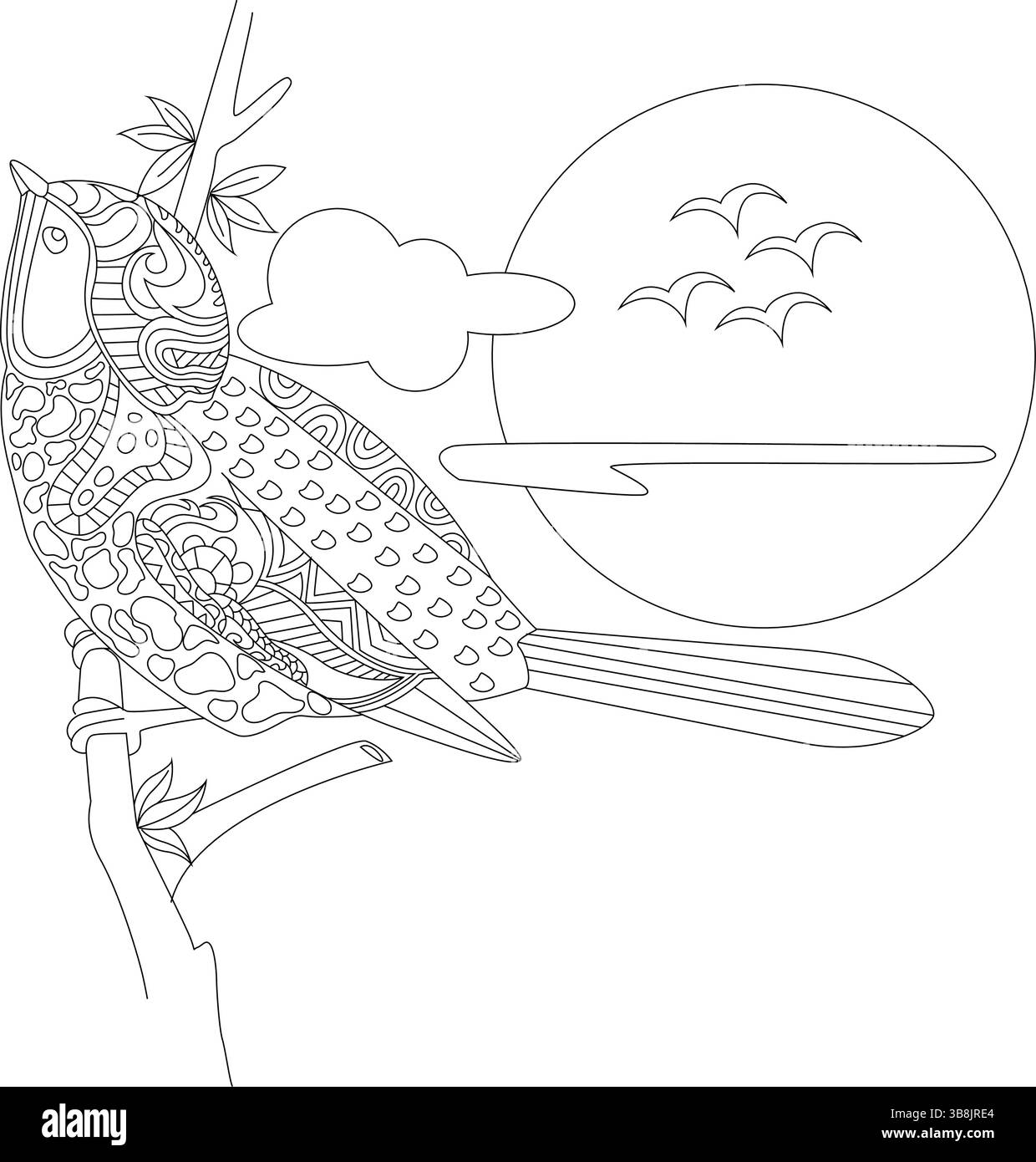 A detailed black and white line art illustration of a stylized bird ...