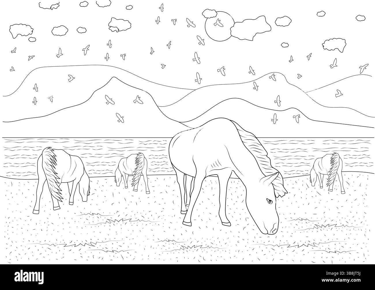 Black and white outline illustration depicting several horses grazing peacefully in a field with mountains and birds flying in the background. Simple Stock Vector