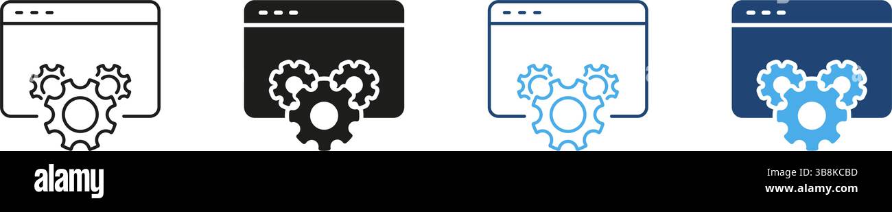 Web Browser With Gears Icon Set. Website Optimization, Configuration, And Development Symbol Collection. Software Engineering And System Management Stock Vector