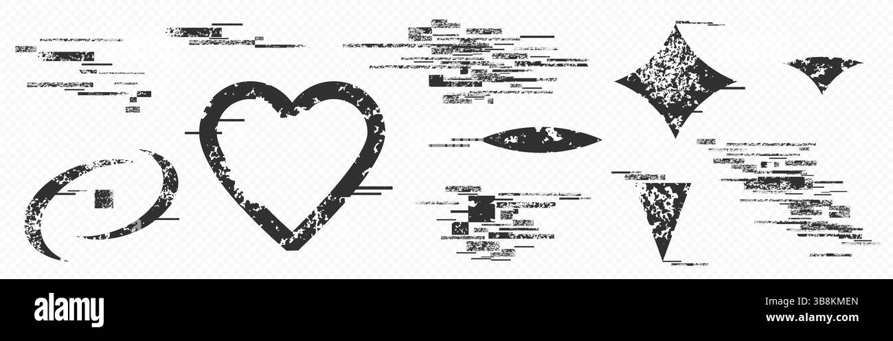 Glitched distorted shapes - abstract digital corruption artistic effect. Geometric elements with fragmented texture. Futuristic graphic design. Noisy irregular forms with corrupted data visualization. Stock Vector