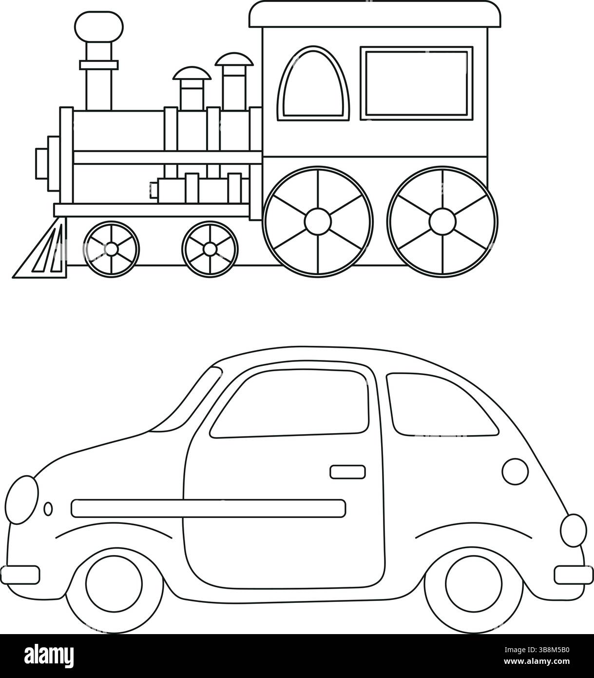 Vector hand drawn set with car, toy train. Colorbook Stock Vector
