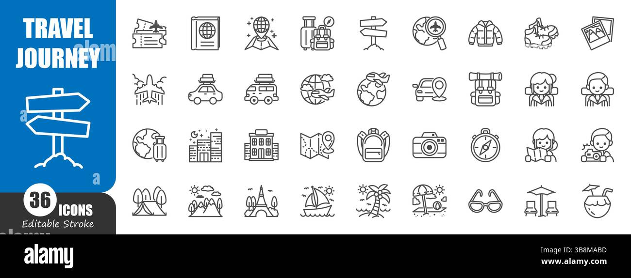 Travel and journey outline icon . Editable stroke . Vector . Stock Vector