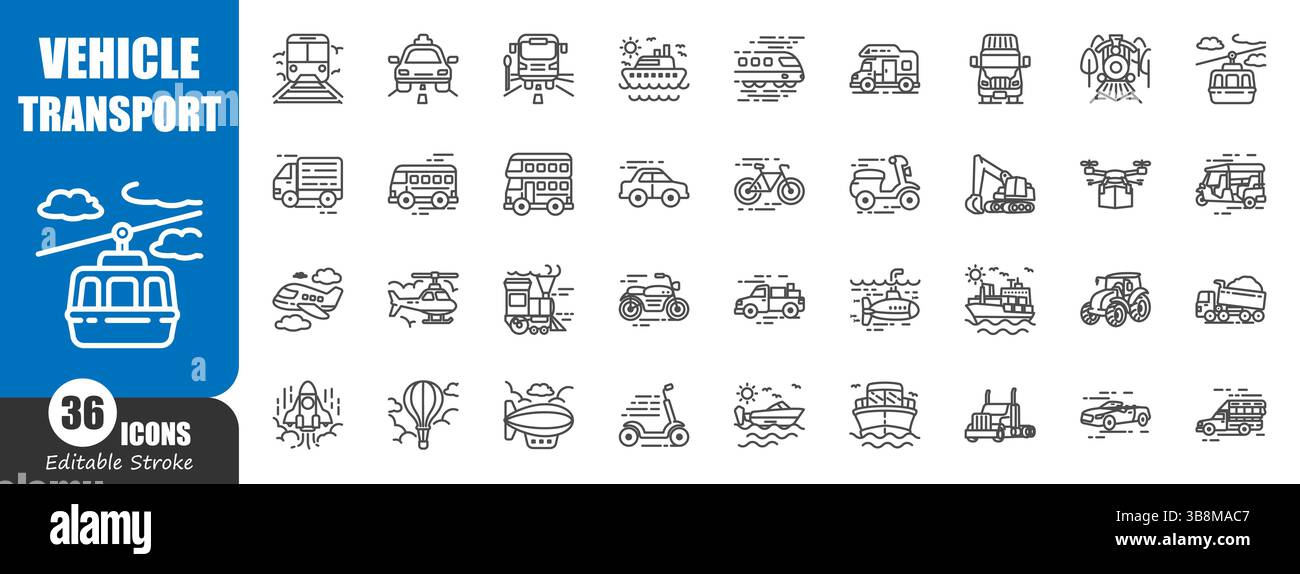 Vehicle . Transportation outline icon . Editable stroke . Vector . Stock Vector