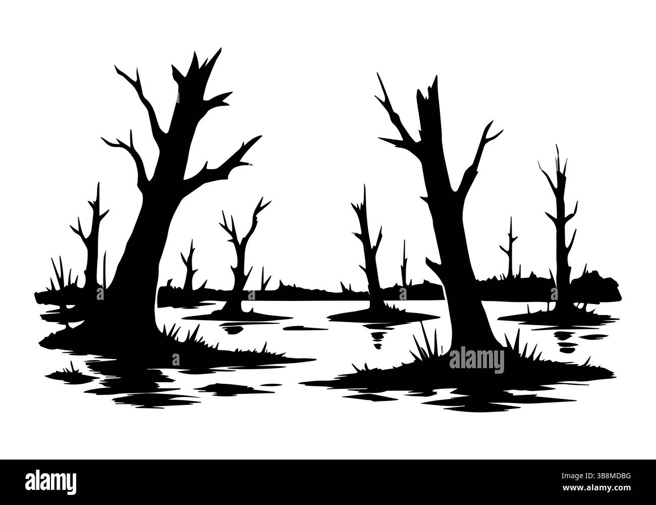 Silhouettes of sinister trees. Panorama of the swamp. Old forest on Halloween. Vector illustration. Stock Vector