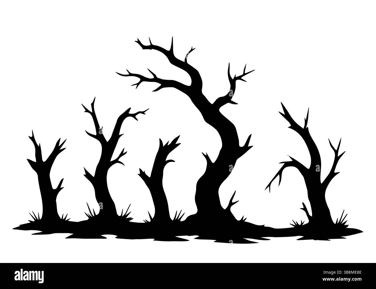 Silhouettes of sinister trees. Panorama of old forest on Halloween. Vector illustration. Stock Vector