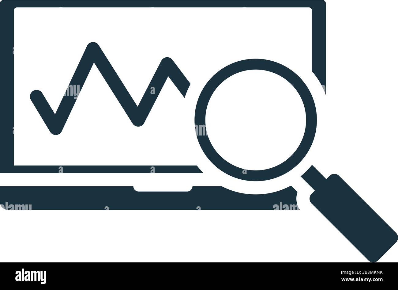 Laptop displaying line graph being analyzed with magnifying glass, symbolizing data research and market analysis Stock Vector