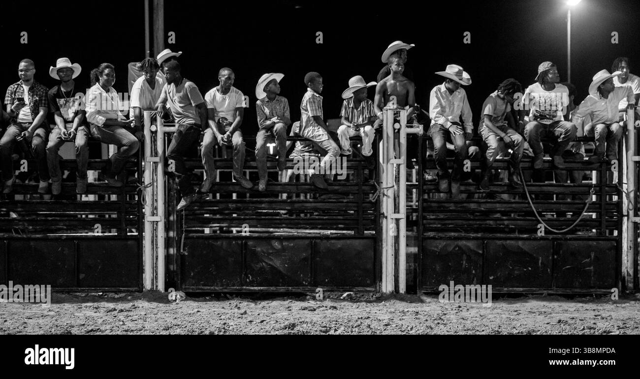 August 12, 2023, Okmulgee, Oklahoma, U.S: Cowboys and cowgirls sit on ...