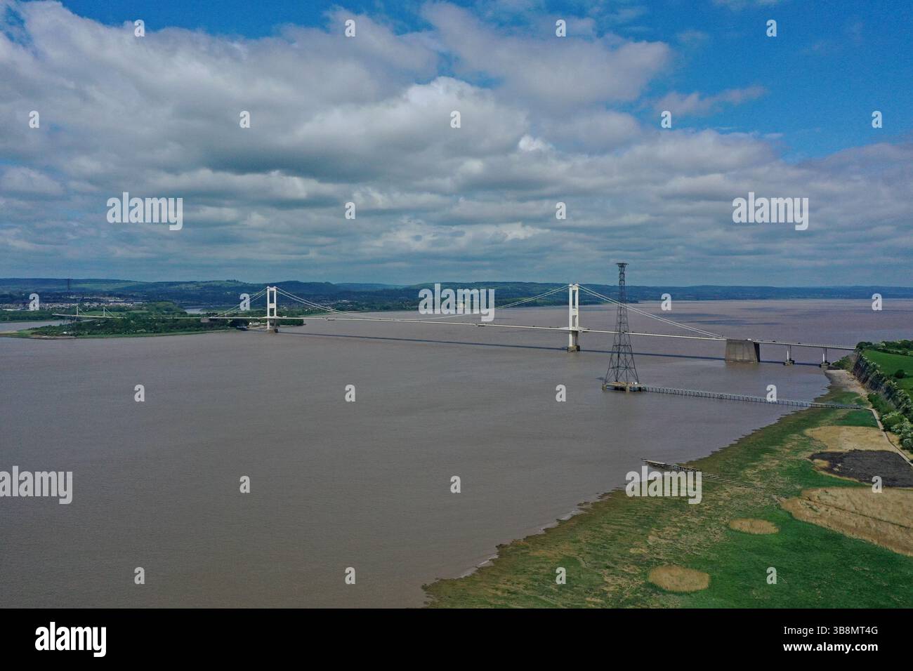 Aerial drone view of the M48 Old Severn Bridge  over the River Severn, May 2025 Stock Photo