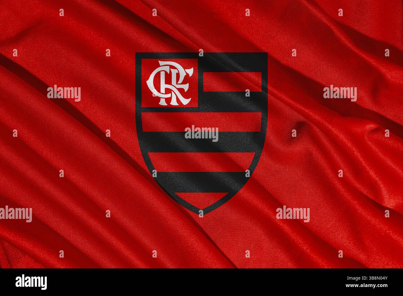 Pringsewu, Lampung May 08, 2025; Brazilian league football club Flamengo logo with wave texture background. 3D illustration Stock Photo