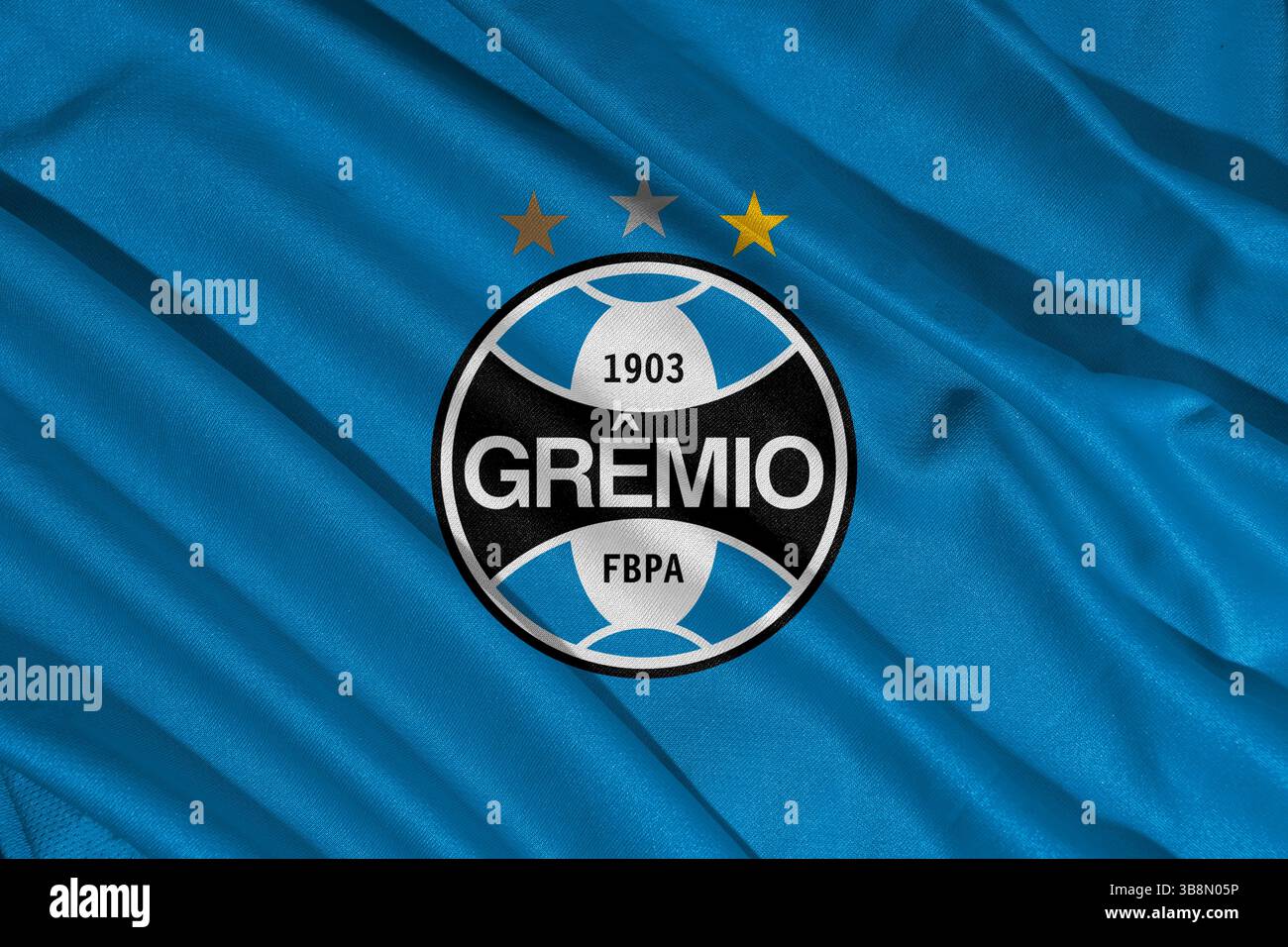 Pringsewu, Lampung May 08, 2025; Brazilian league football club Gremio logo with wave texture background. 3D illustration Stock Photo