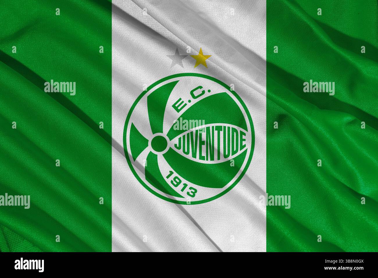 Pringsewu, Lampung May 08, 2025; Brazilian league football club Juventude logo with wave texture background. 3D illustration Stock Photo