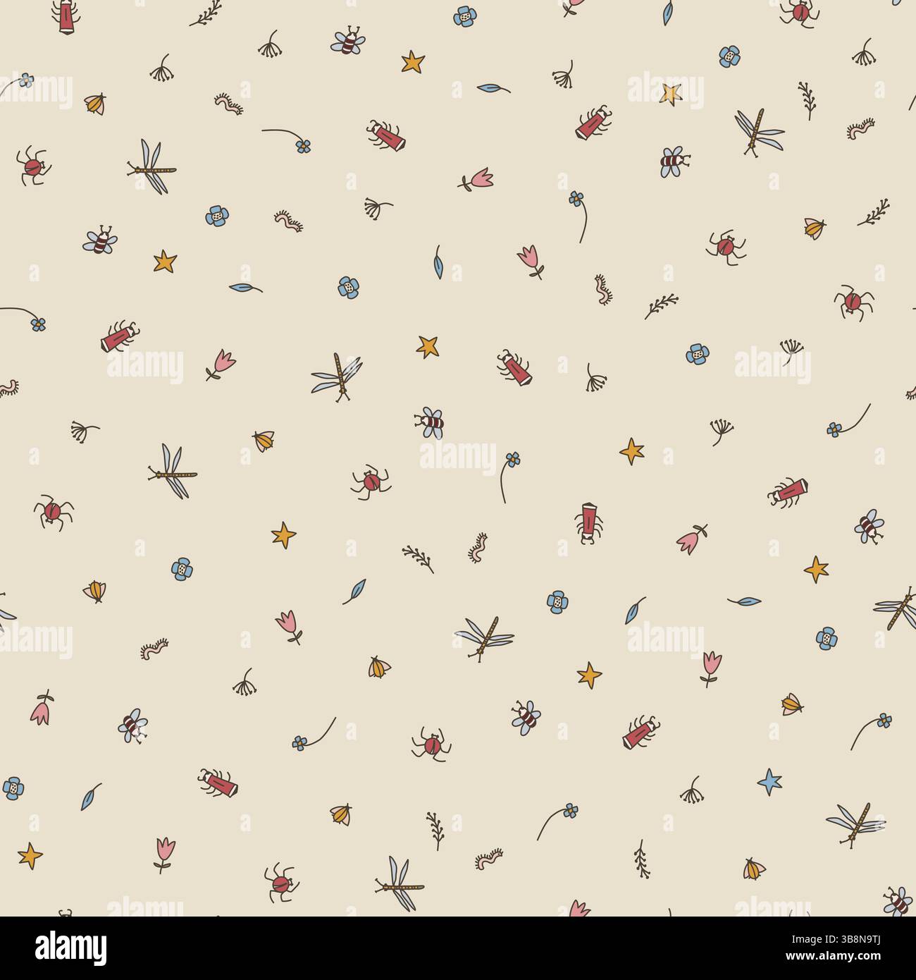 Seamless pattern with hand-drawn small bugs on a muted beige background Stock Vector