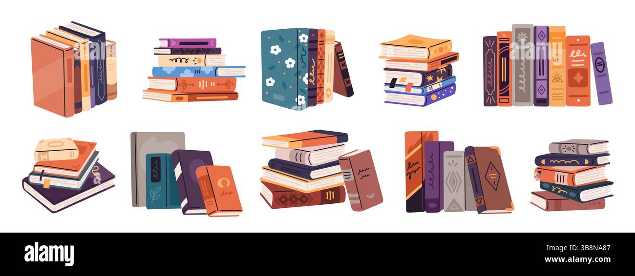 Book stacks. Textbooks and bestseller piles, literary publications, different covers, poetry, novels, detective stories. Fiction and science literatur Stock Vector