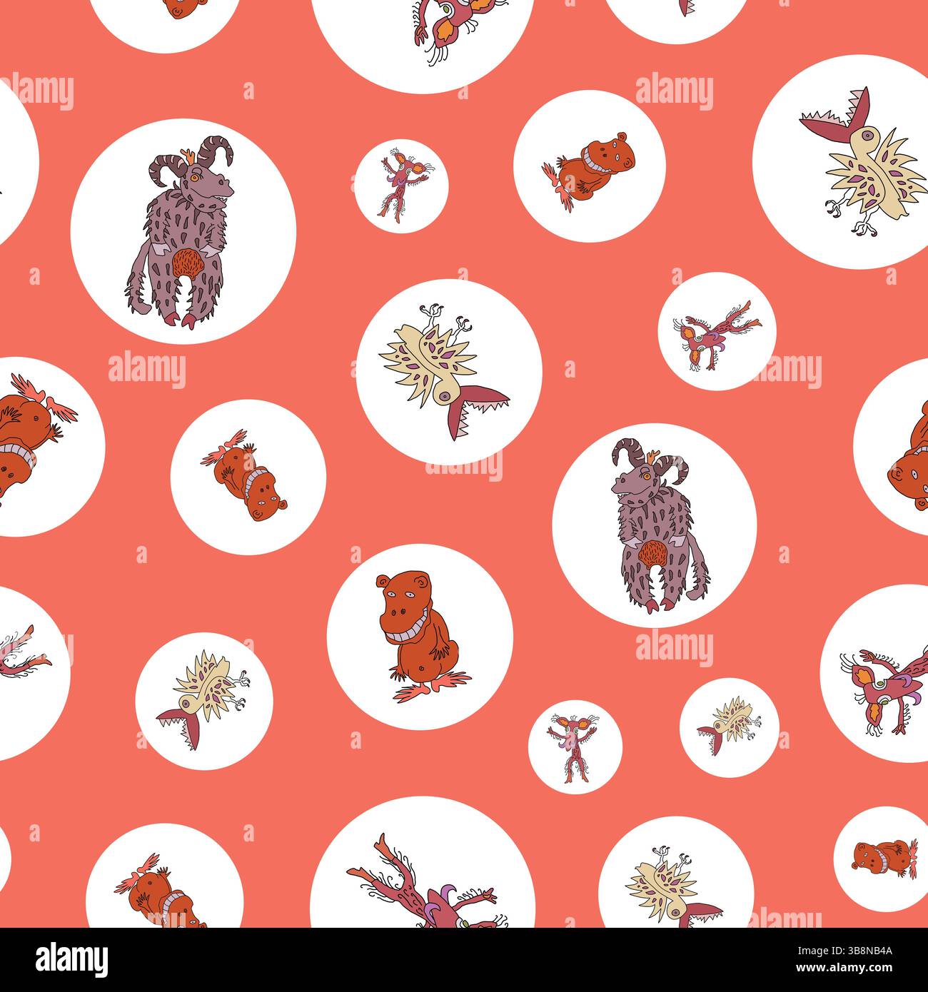 Seamless pattern with quirky, cartoon-style monsters in white bubbles on orange background Stock Vector