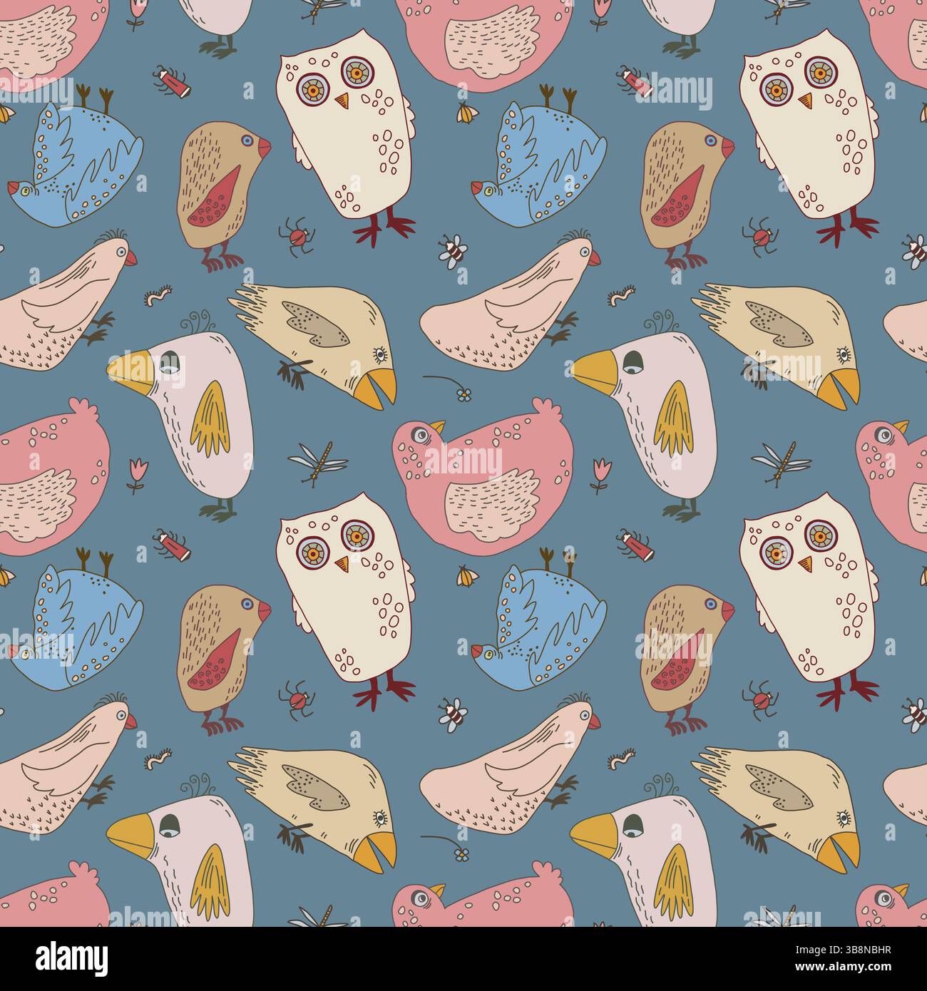 Seamless pattern with hand-drawn birds in playful pastel colors on a muted blue background Stock Vector
