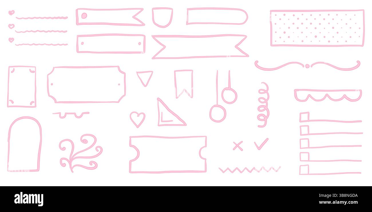 Coquette bullet journal elements. To-do list, corners and stickers for gilly notebook planer Stock Vector