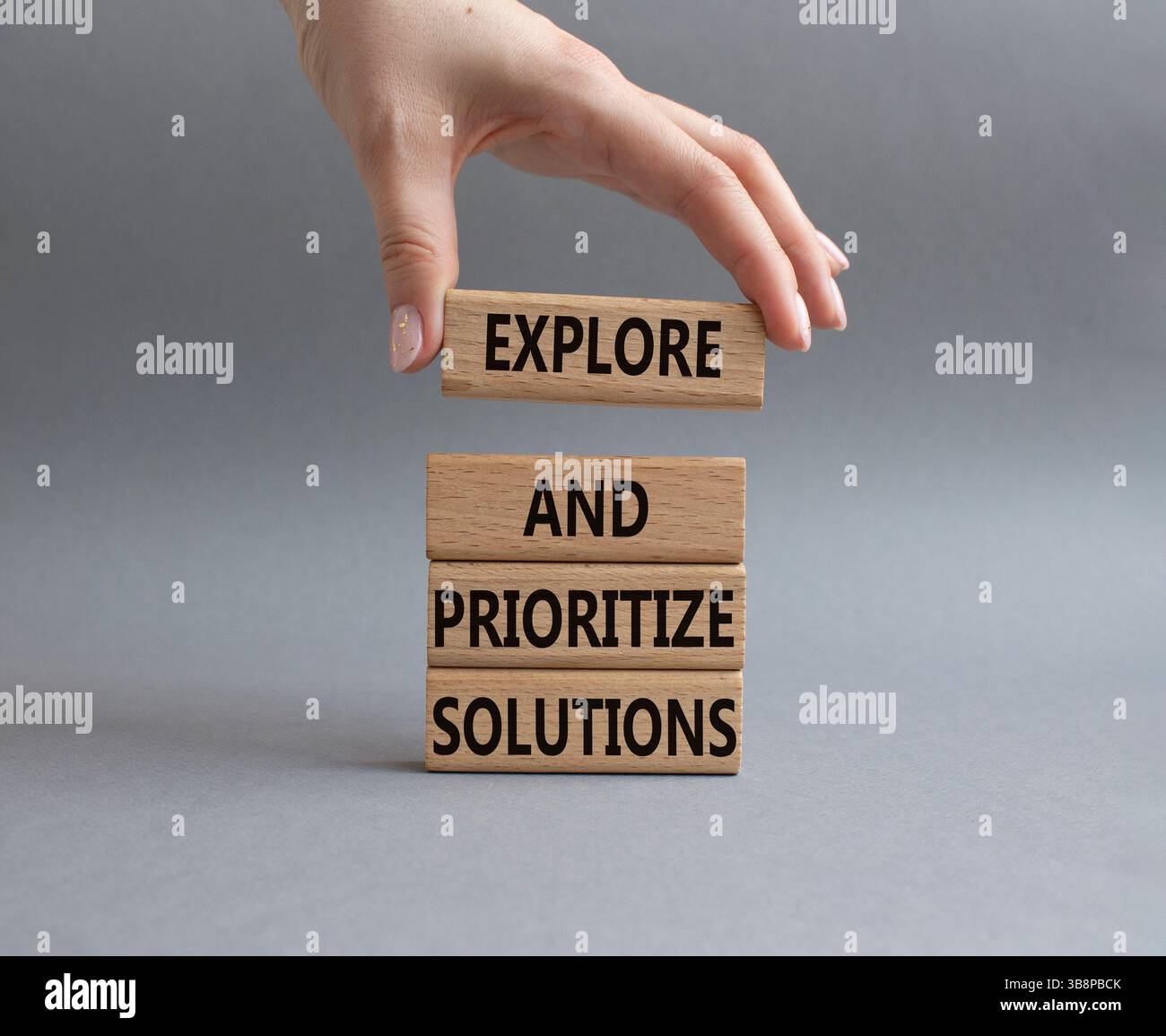 Solution symbol. Wooden blocks with words Explore and prioritize ...