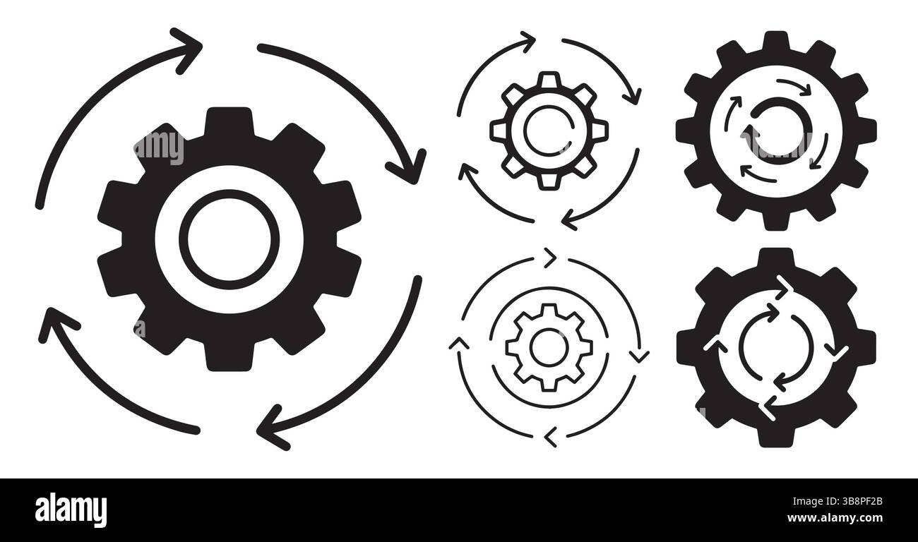 Gear Rotation Icons , Circular Process Arrows and Cogwheel Vector Set , Workflow icon in line style Stock Vector