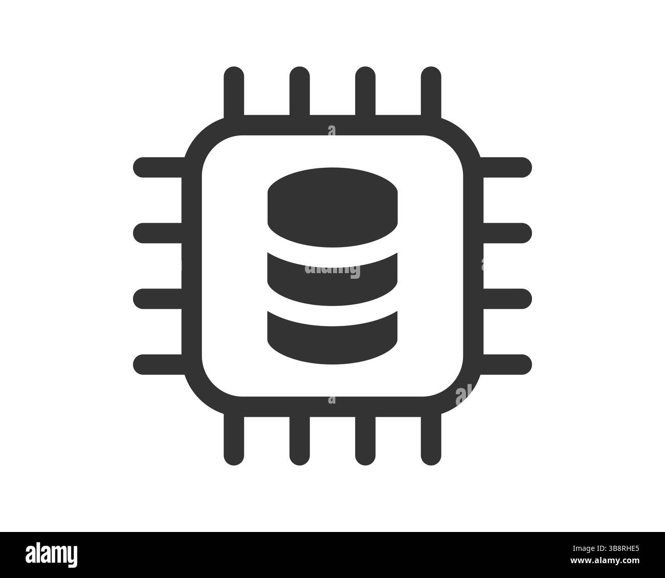 Minimalist icon depicting a computer chip housing a database. Represents data storage, processing, and server technology. Ideal for tech, IT, or web d Stock Vector