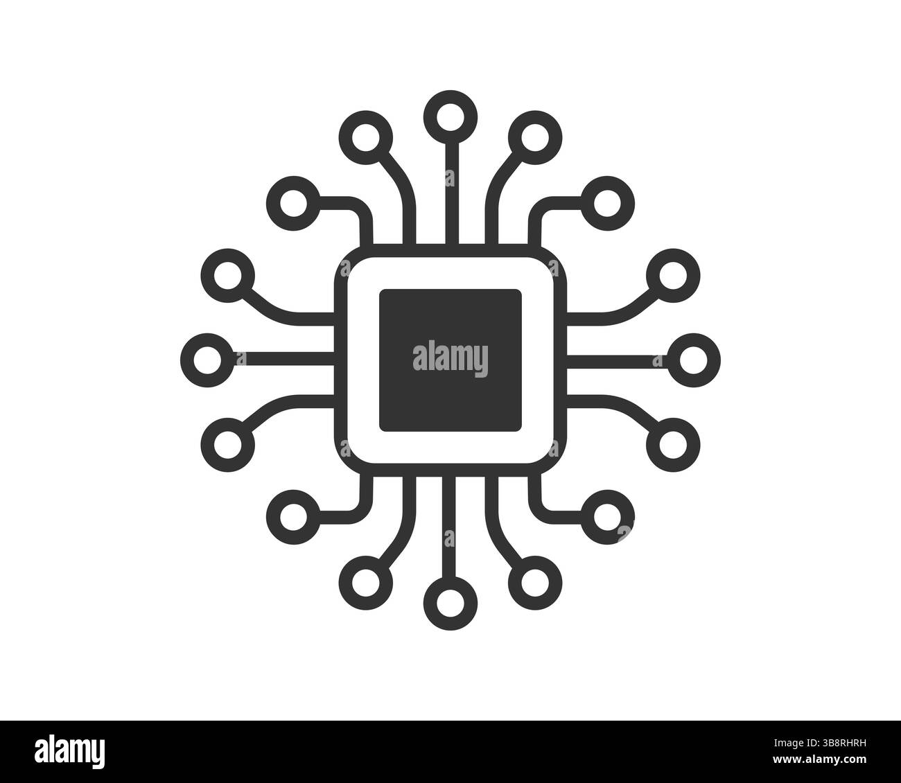 Minimalist vector graphic depicting a central processing unit (CPU) or microchip. Represents technology, computing power, and advanced circuitry. Usef Stock Vector