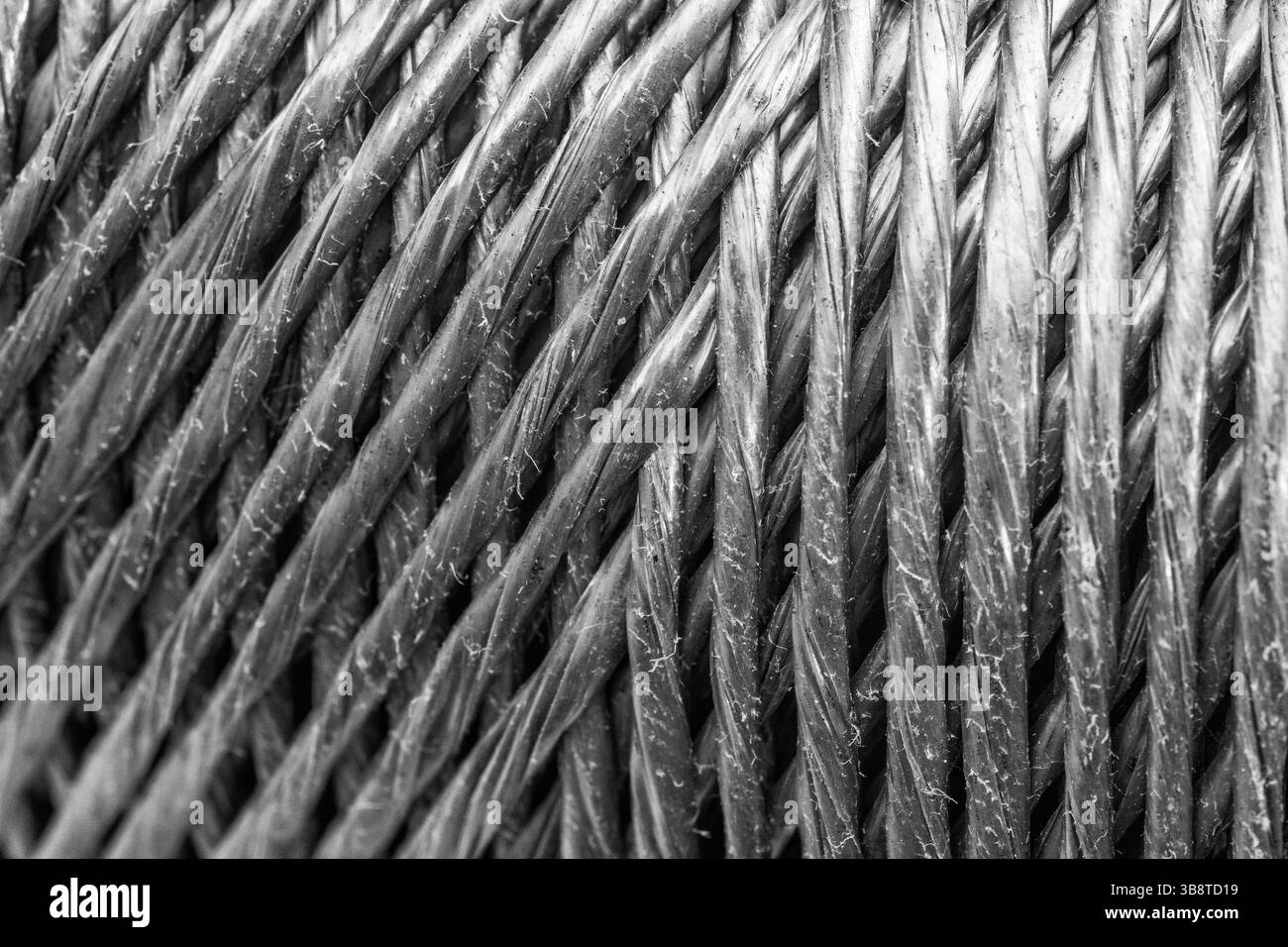 Close shot of a new roll of polypropylene garden twine / sting. Converted to monochrome (see Notes). For gardening, or pulling strings perhaps. Stock Photo