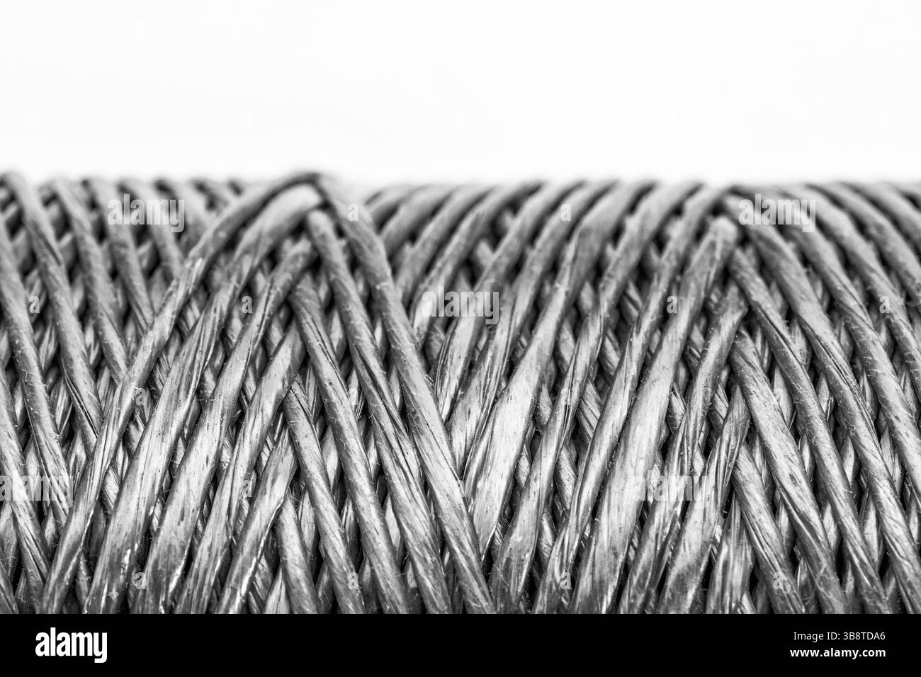 Close shot of a new roll of polypropylene garden twine / sting. Converted to monochrome (see Notes). For gardening, or pulling strings perhaps. Stock Photo