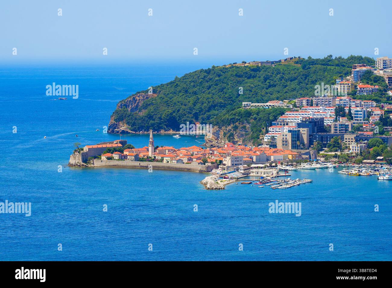 Aerial view of Budva Old Town, a famous resort town on the Montenegrin Riviera along the coast of the Adriatic Sea Stock Photo
