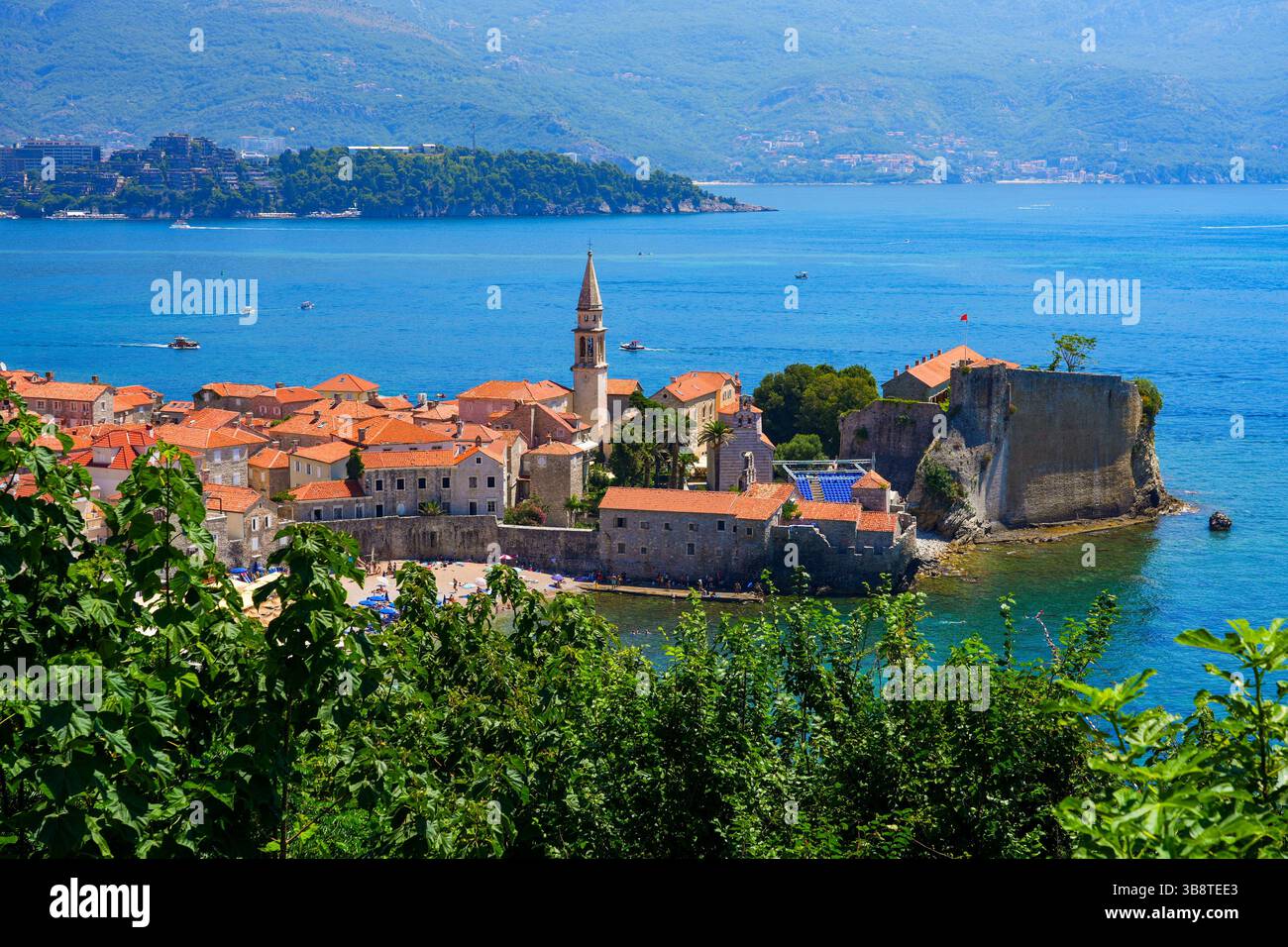 Aerial view of Budva Old Town, a famous resort town on the Montenegrin Riviera along the coast of the Adriatic Sea Stock Photo