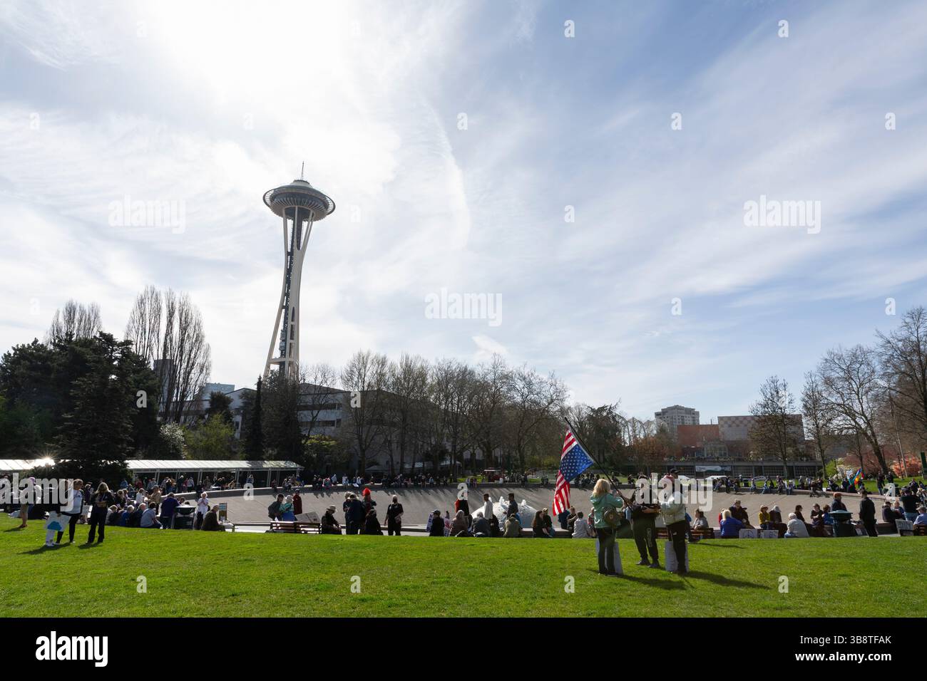 Protesters and supporters gather at Seattle Center for the “Hands Off!” rally in Seattle on Saturday, April 5, 2025. The protest is part of a nationwi Stock Photo