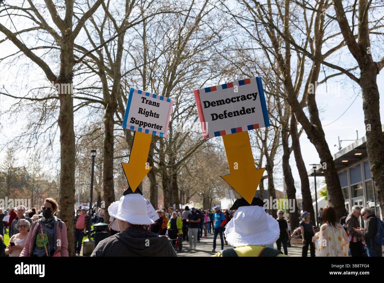 Thousands of protesters and supporters gather at Seattle Center for the “Hands Off!” rally in Seattle on Saturday, April 5, 2025. The protest is part Stock Photo